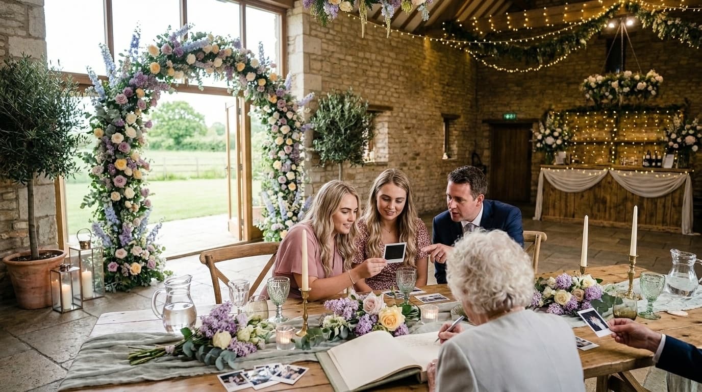 Twee vriendinnen bekijken samen een polaroidfoto aan de gedekte tafel, terwijl verderop een gaste een berichtje in het fotoalbum schrijft