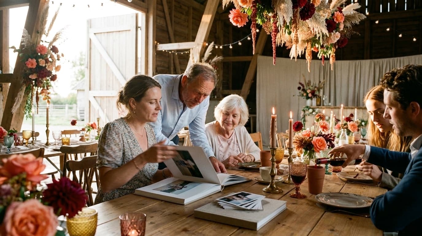 Vijf gasten staan samen over een opengeslagen fotoboek gebogen aan de feesttafel in het late middaglicht, terwijl verderop iemand wijn inschenkt