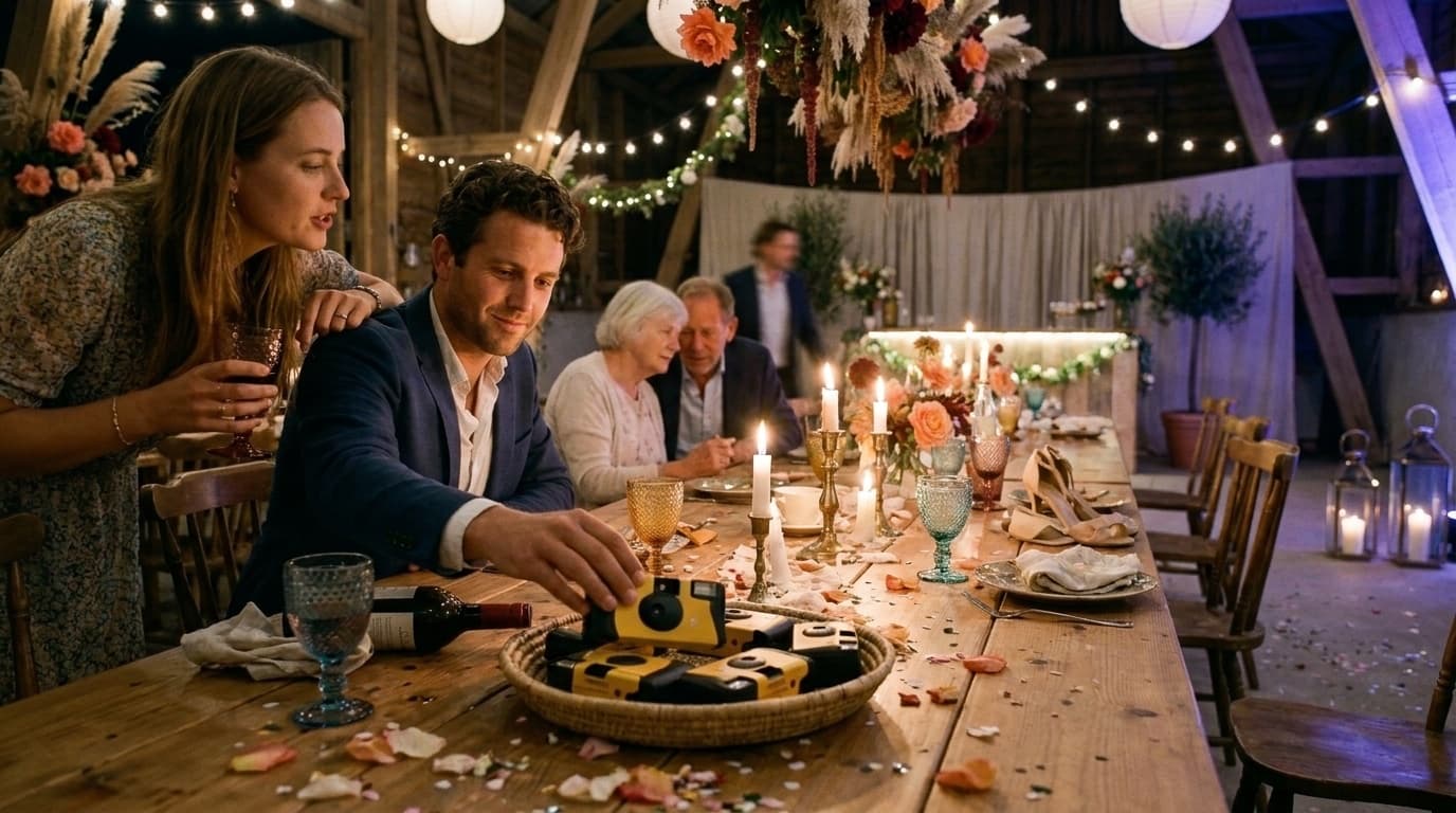 Wegwerpcamera's verzameld in een mand op de tafel aan het eind van de avond, met kaarsen die bijna op zijn en een paar gasten die nog napraten
