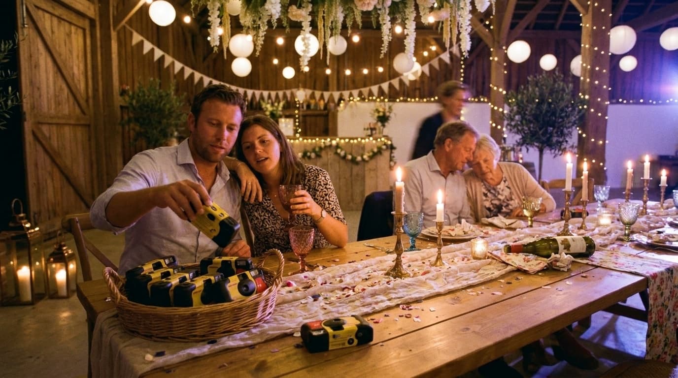 Een mand met gebruikte gele wegwerpcamera's op een bruiloftstafel aan het eind van de avond, tussen opgebrande kaarsen en lege glazen