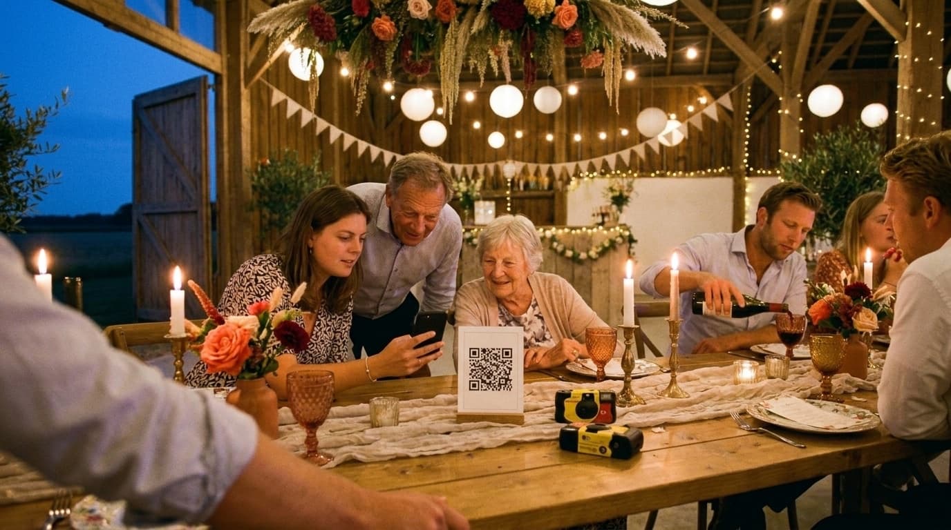 Twee wegwerpcamera's naast een QR-kaartje in een standaardje op een gedekte bruiloftstafel, een gast scant de code met haar telefoon