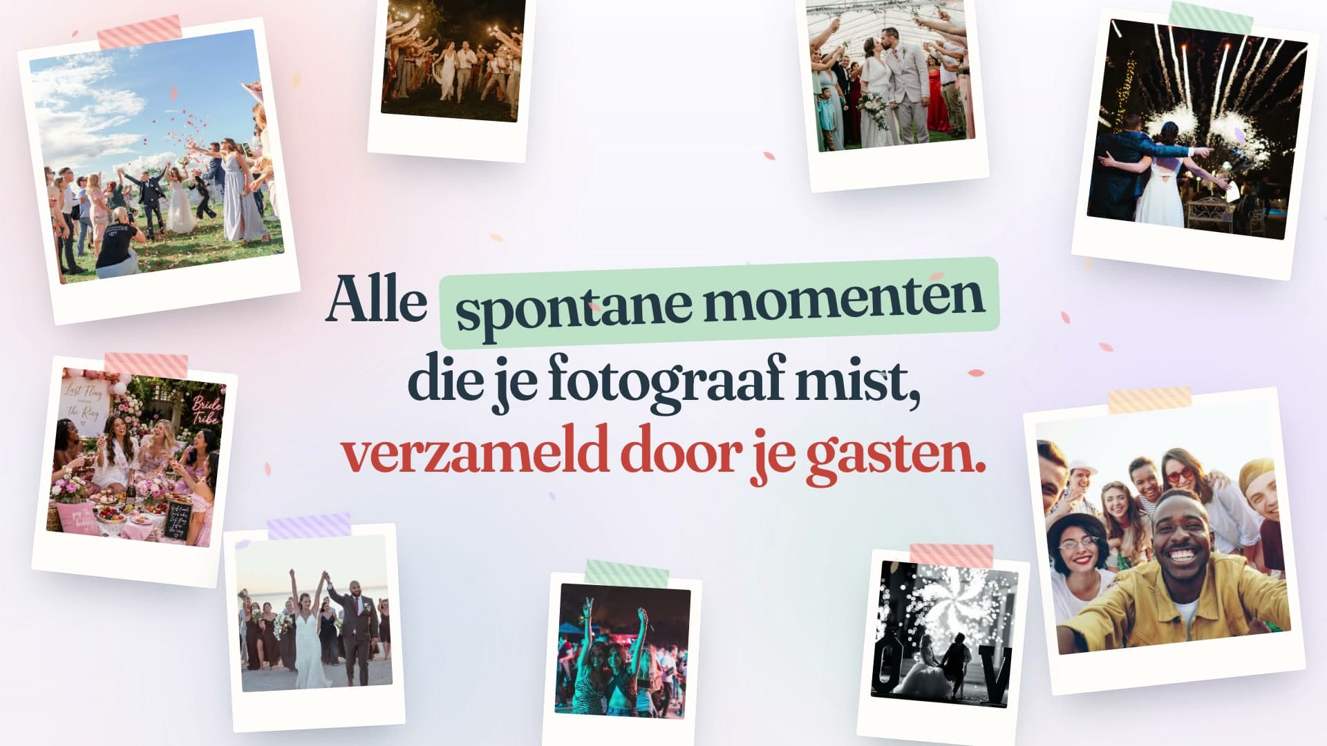 Polaroids van bruiloften en feesten rond de tekst: Alle spontane momenten die je fotograaf mist, verzameld door je gasten.