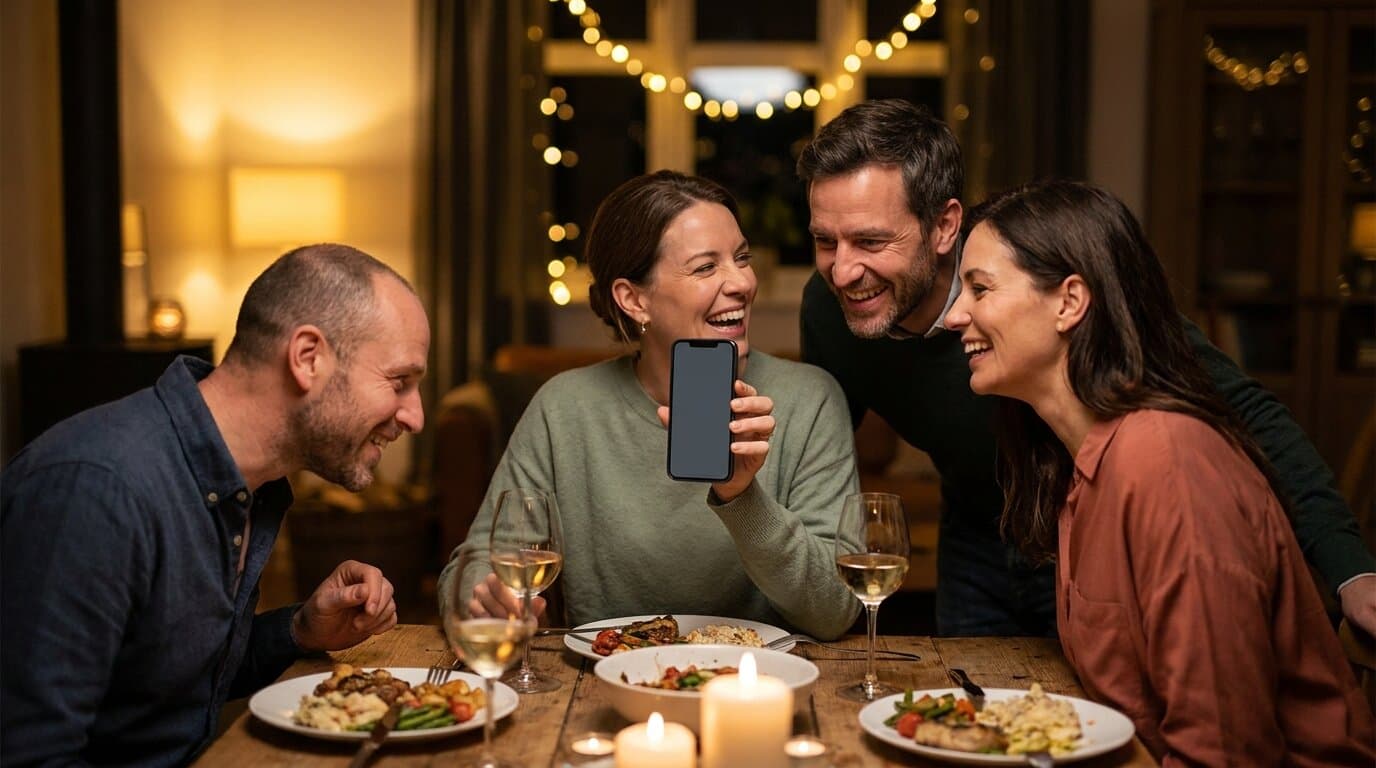 Vrienden aan tafel bekijken samen foto's op een telefoon tijdens een gezellig etentje