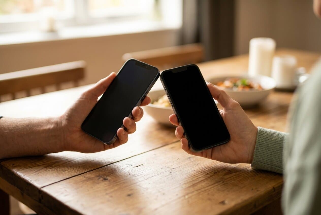 Twee handen houden verschillende smartphones naast elkaar, een iPhone en een Android, boven een houten tafel