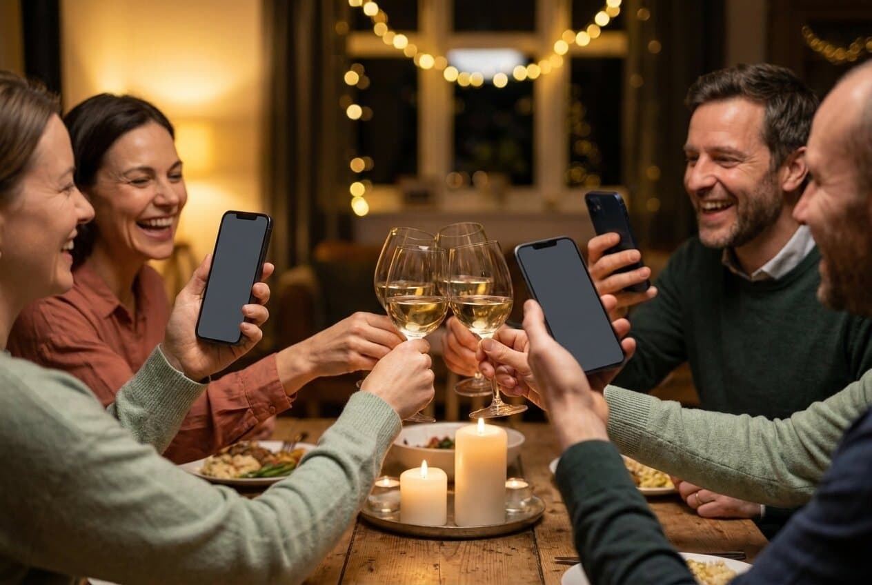 Gasten aan een feestelijk gedekte tafel maken samen foto's met hun telefoon tijdens een toost