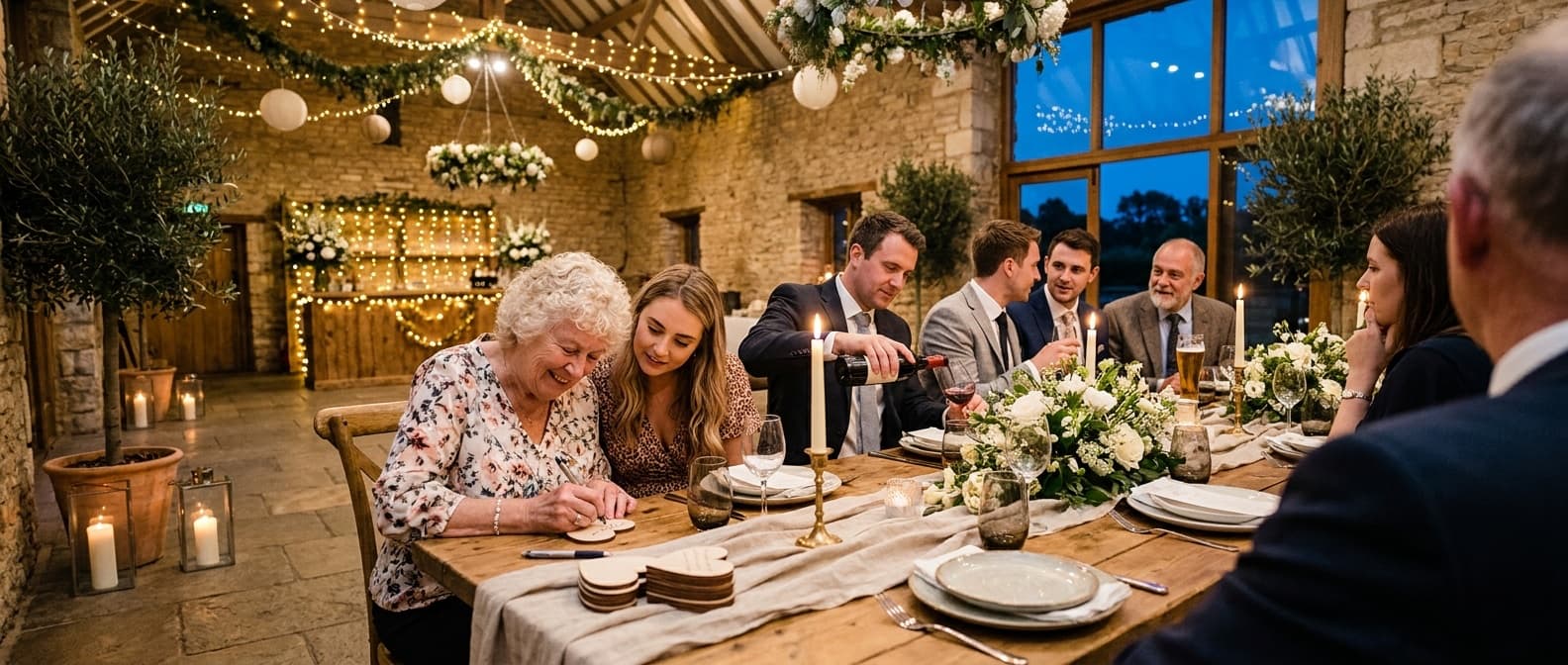 Een oma schrijft glimlachend een boodschap op een houten hartje aan de feesttafel, terwijl de gasten om haar heen met elkaar praten onder hangende bloemstukken en lichtsnoeren