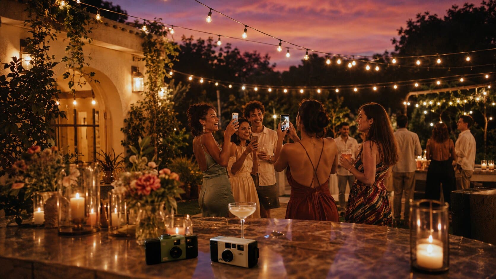 Gasten op een avondfeest in de tuin die elkaar met hun telefoon fotograferen, met wegwerpcamera's op tafel