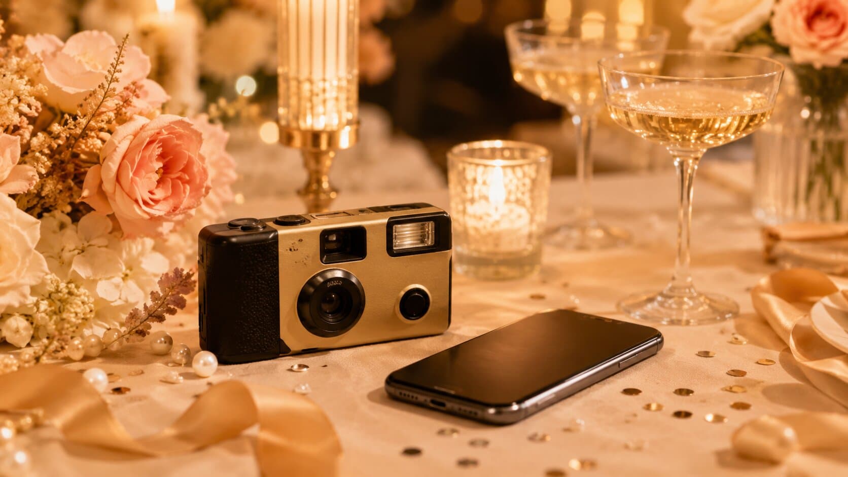 Analoge wegwerpcamera naast een smartphone op een sfeervol gedekte tafel met bloemen en kaarslicht