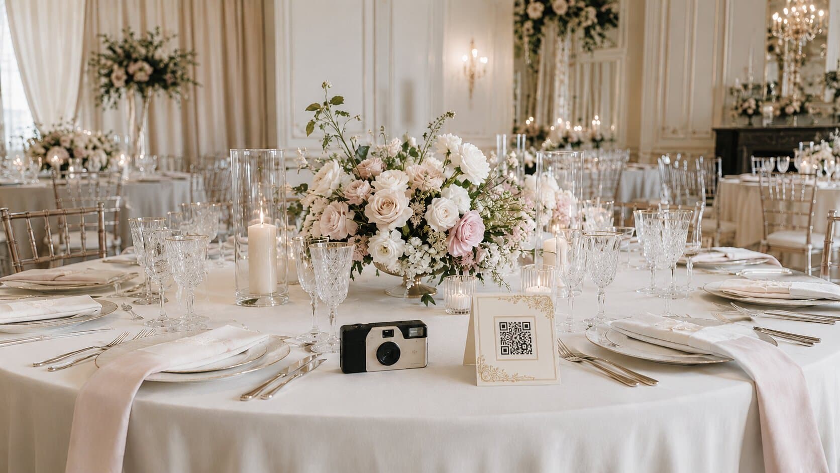 Elegant gedekte bruiloftstafel met een camera en een QR-code-kaartje voor het gedeelde fotoalbum
