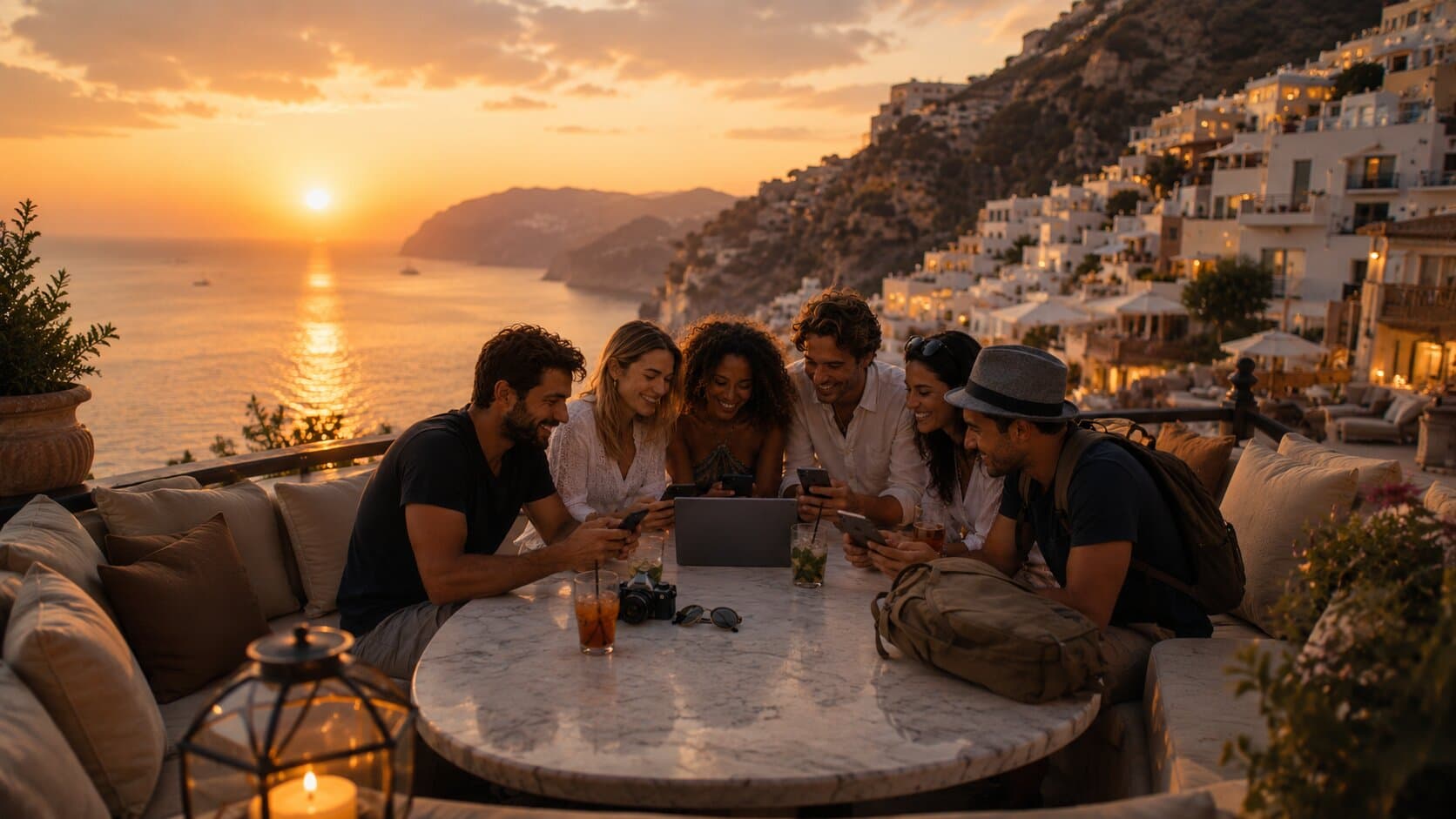 Vriendengroep rond een tafel bij zonsondergang die samen hun vakantiefoto's bekijkt