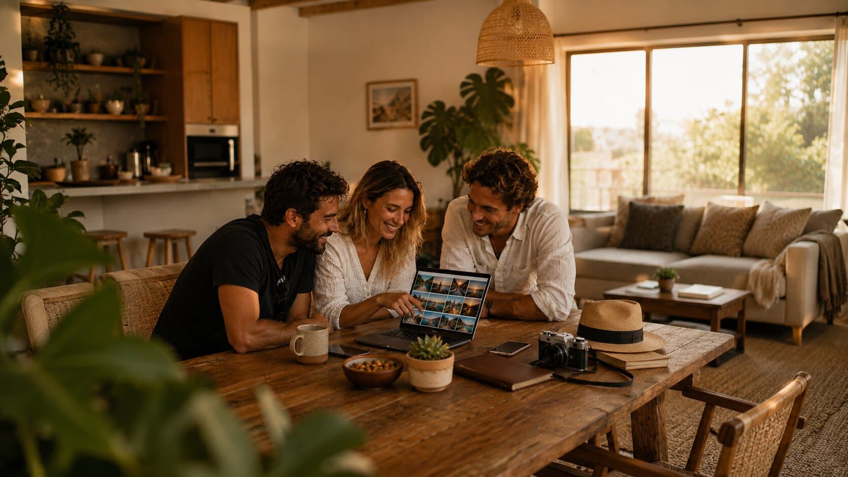 Vrienden thuis aan tafel die na de reis samen het gedeelde fotoalbum op een laptop doornemen