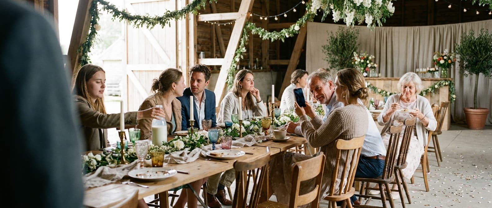Een bruidspaar zit de ochtend na de bruiloft aan de lange tafel foto's te bekijken op een telefoon, met gasten om hen heen die koffie inschenken en napraten