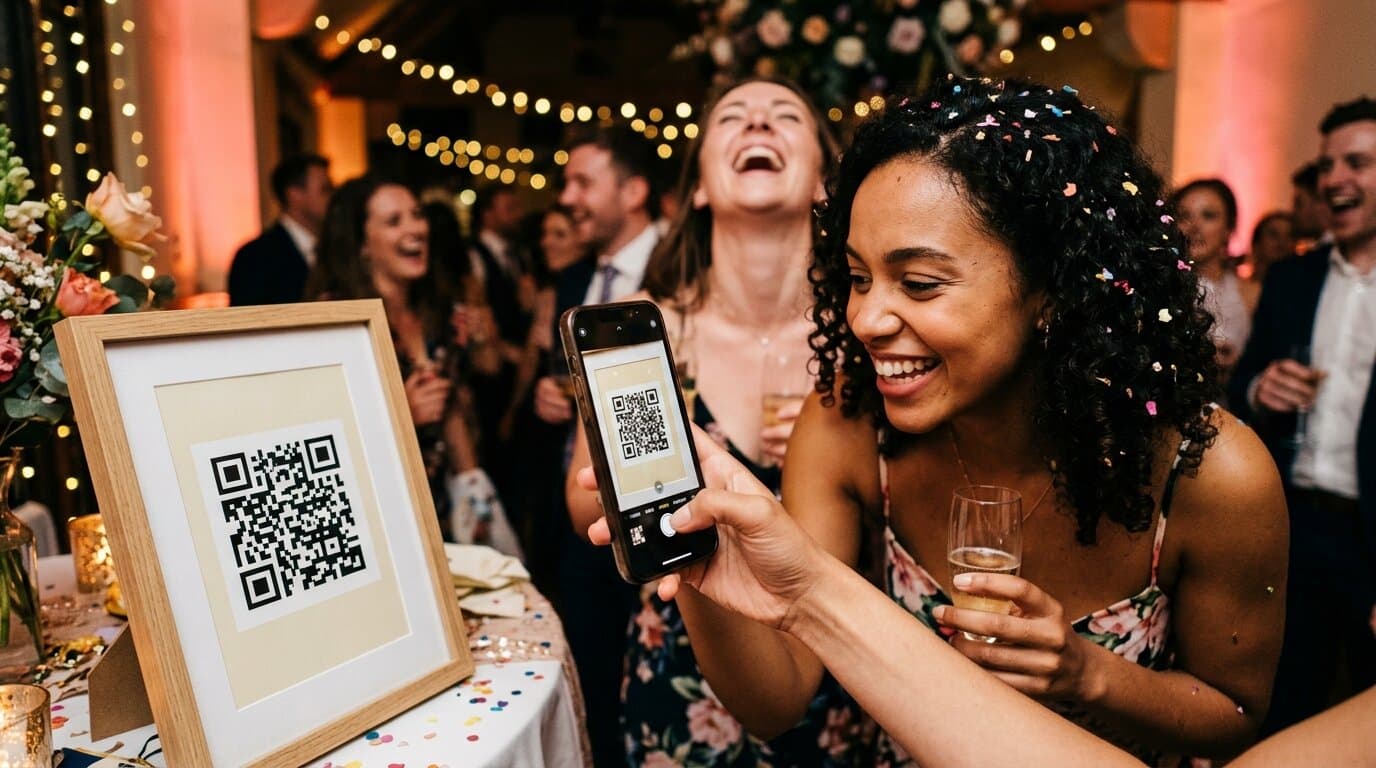 Een gast houdt haar telefoon voor het QR-bord, de code staat in beeld op haar scherm
