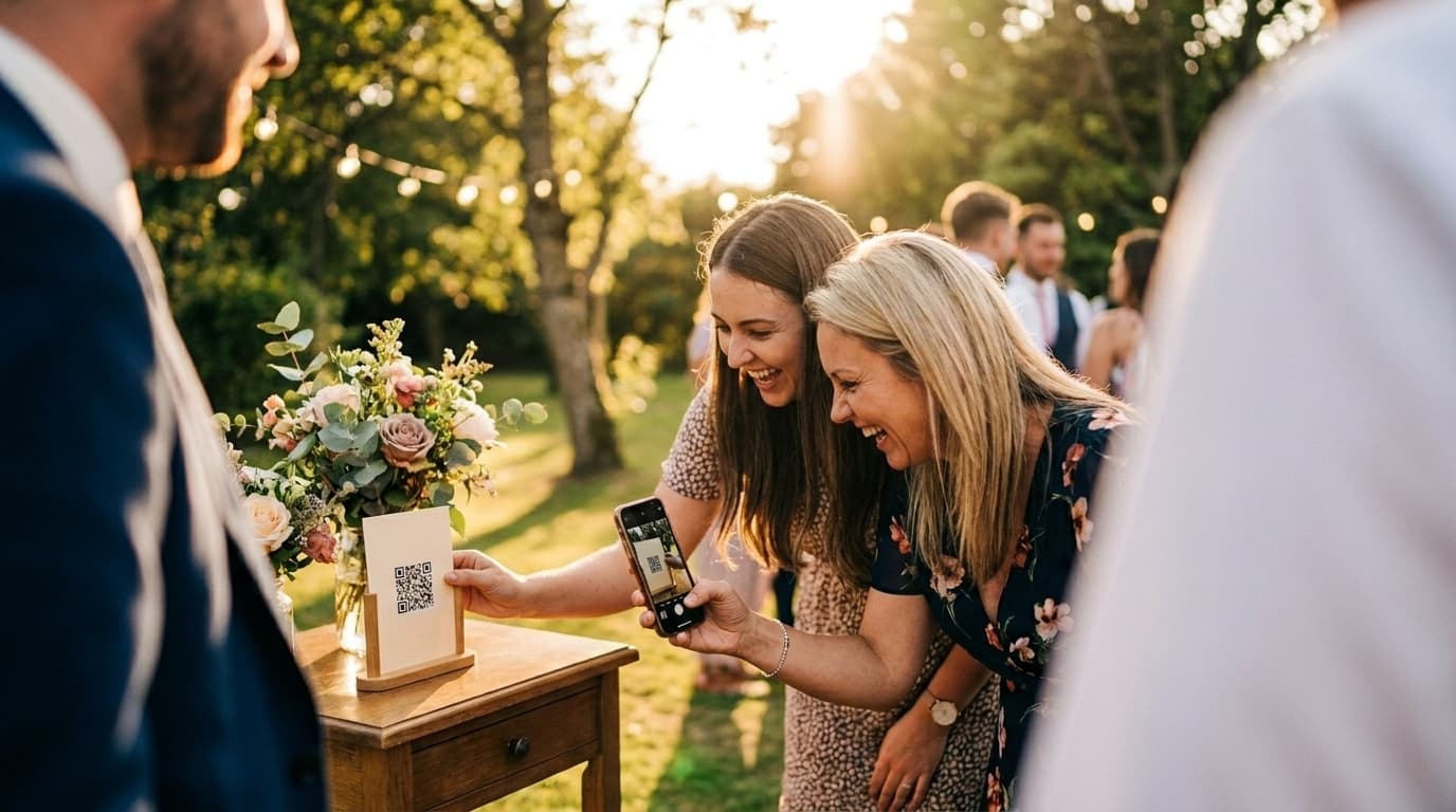 Twee gasten scannen lachend het QR-kaartje dat bij het bloemstuk in de tuin staat, in de late middagzon