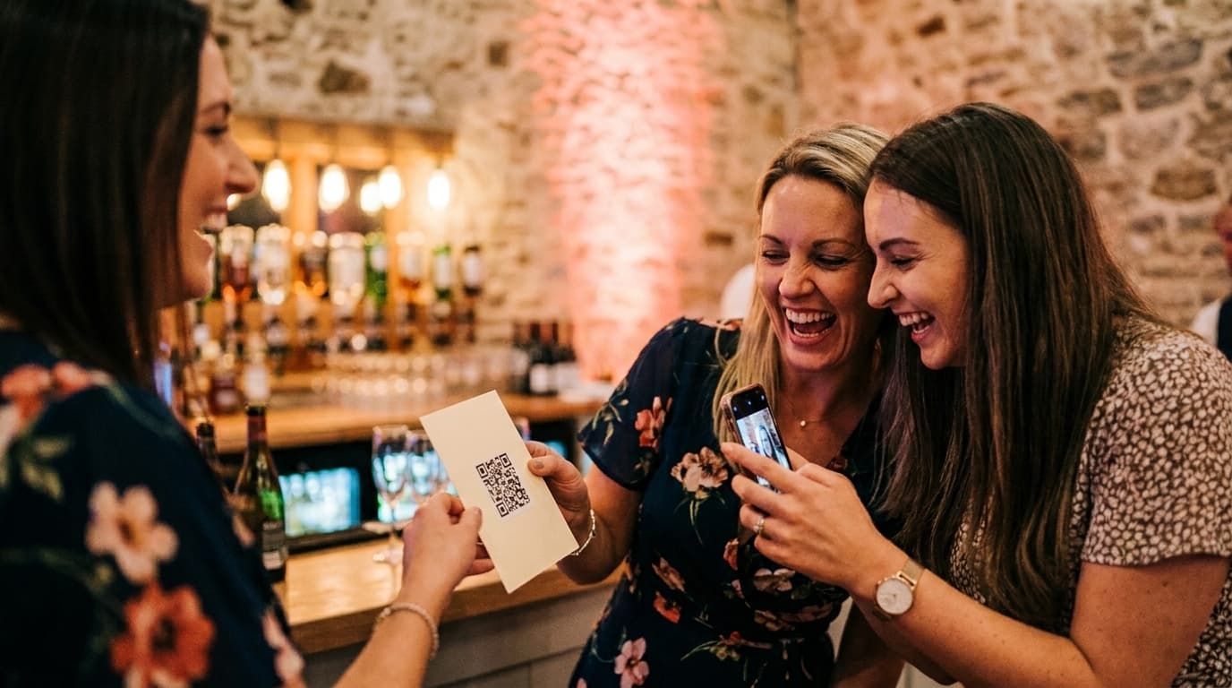 Twee vriendinnen lachen om een foto op een telefoon bij de bar, een derde gast houdt het QR-kaartje vast