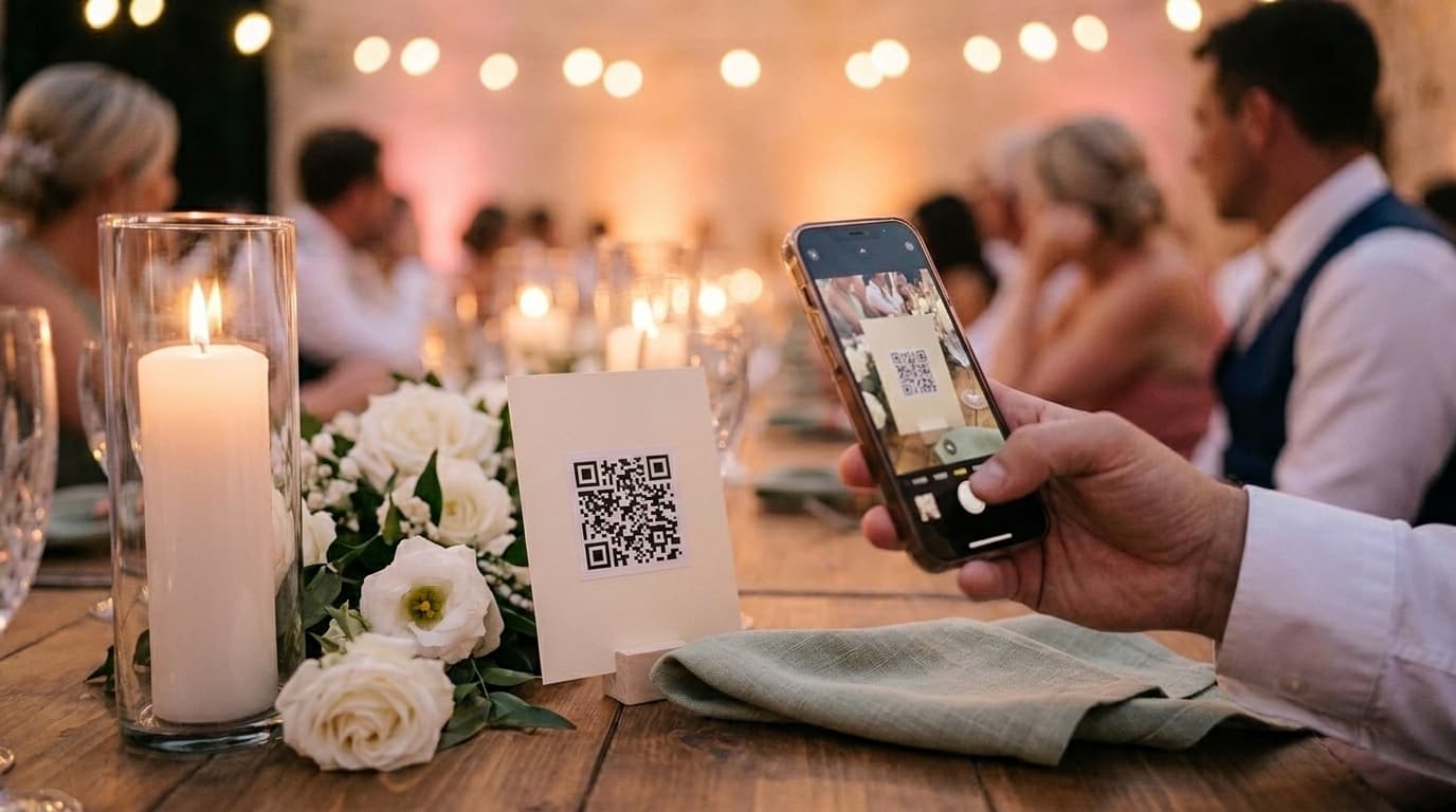 Een gast scant het QR-kaartje dat tussen de kaarsen en witte rozen op de gedekte tafel staat