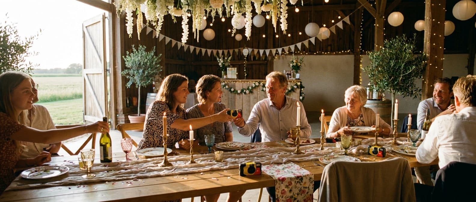 Gasten aan een lange bruiloftstafel geven elkaar een wegwerpcamera door, kaarslicht en slingers boven de tafel
