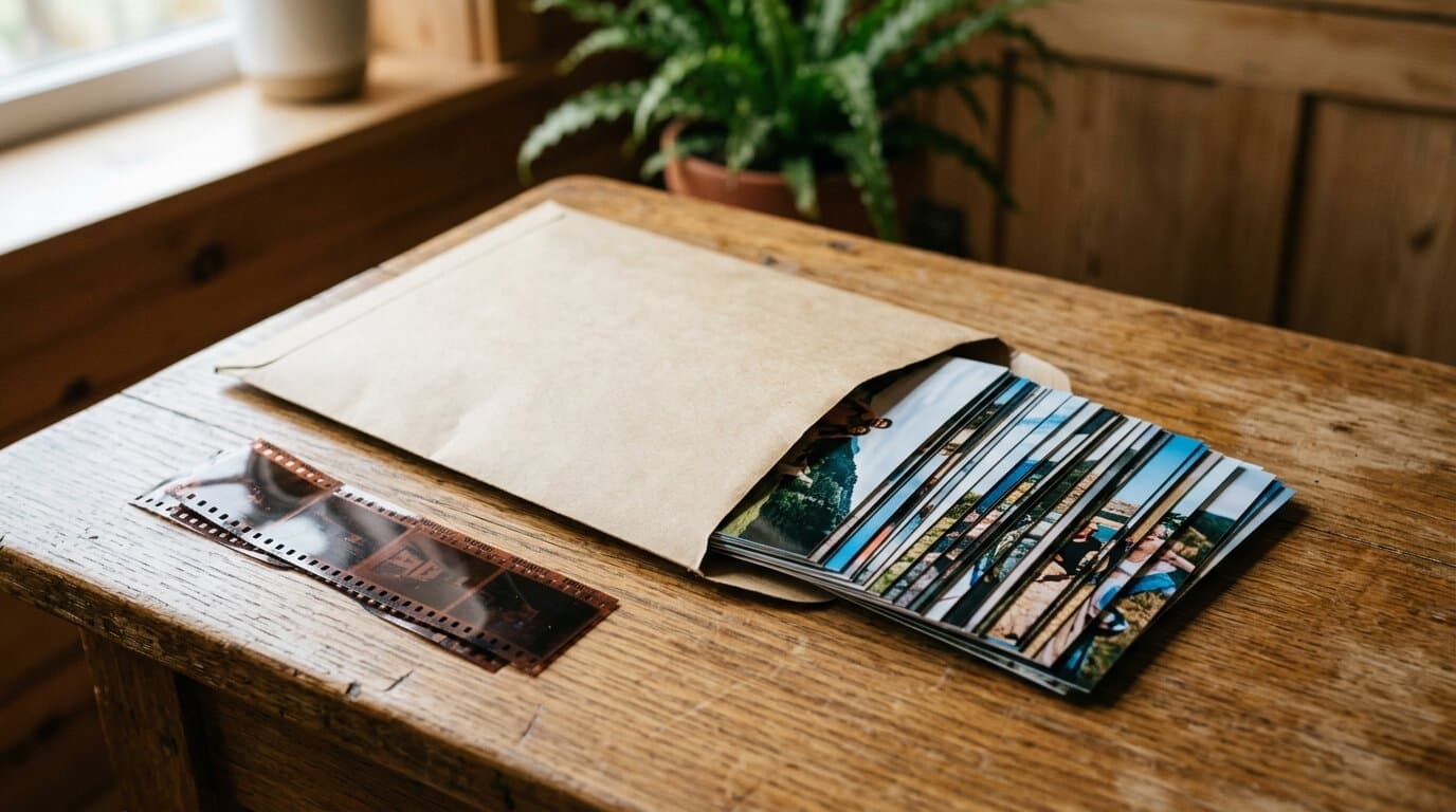 Een open fotozakje op een houten tafel met een stapel ontwikkelde foto's en een strook negatieven ernaast