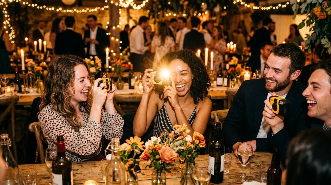 Gasten aan een feesttafel maken lachend foto's van elkaar met wegwerpcamera's, de flits gaat af