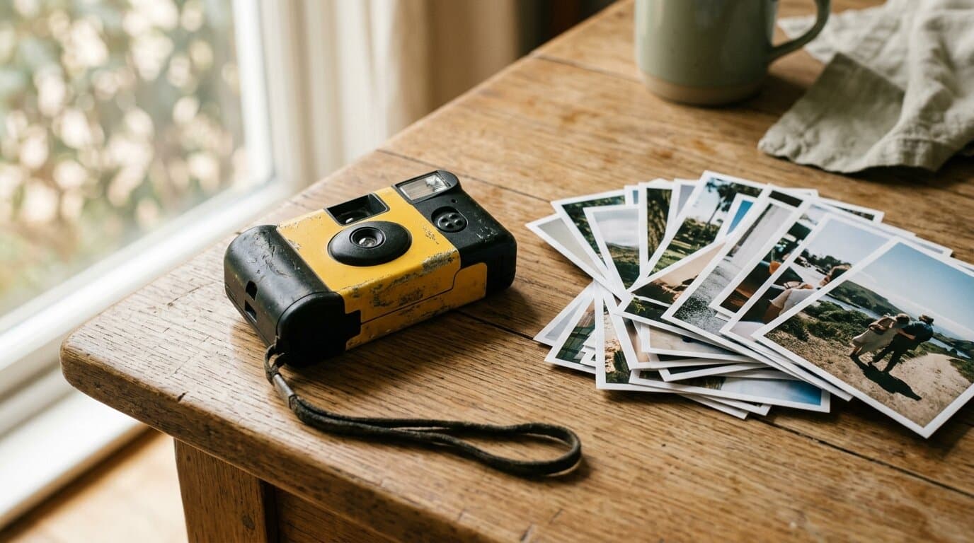 Een gebruikte wegwerpcamera ligt op een houten tafel naast een stapel afgedrukte foto's