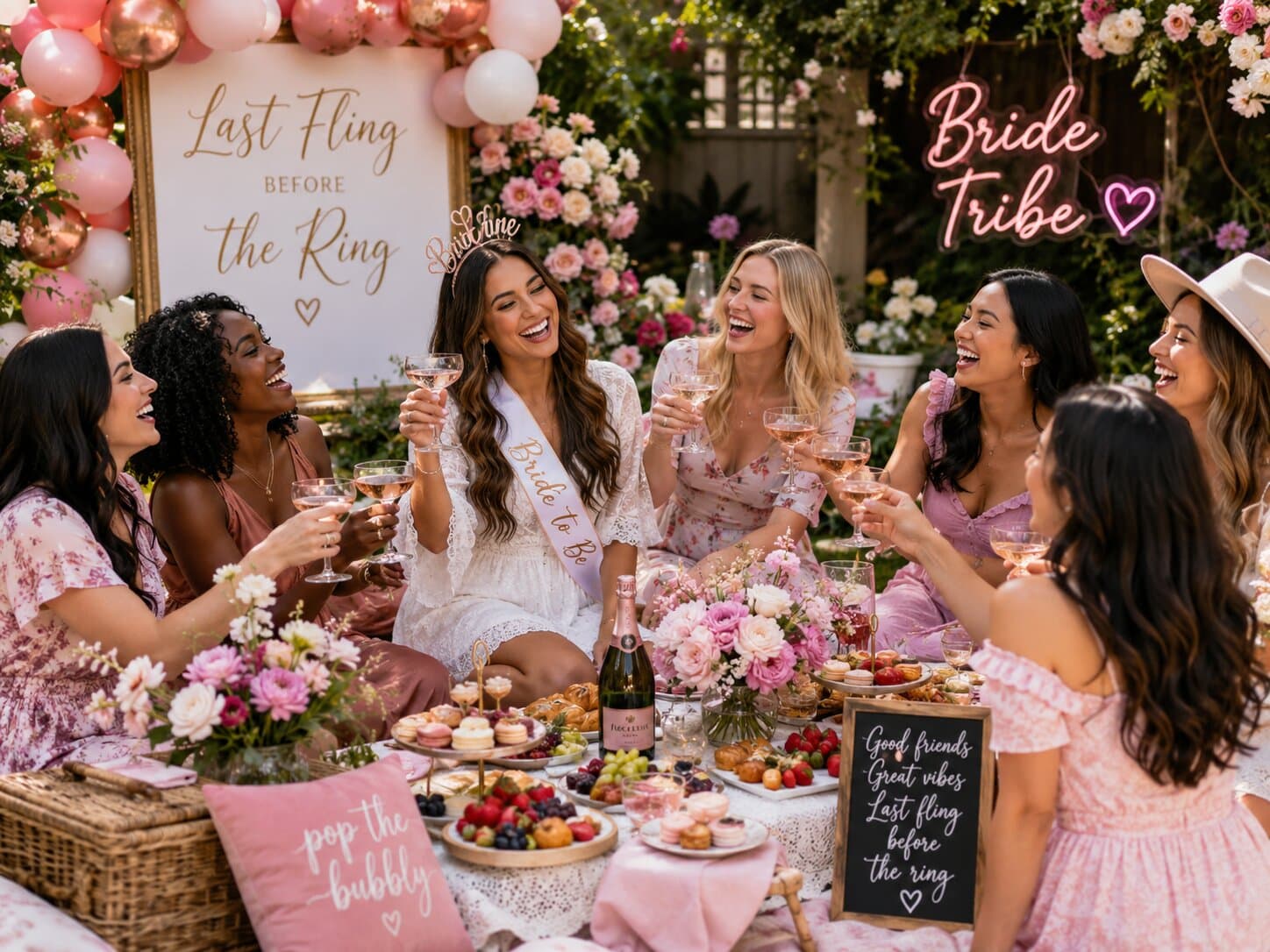 Bride-to-be met vriendinnen tijdens een bridal shower brunch met bloemen en champagne