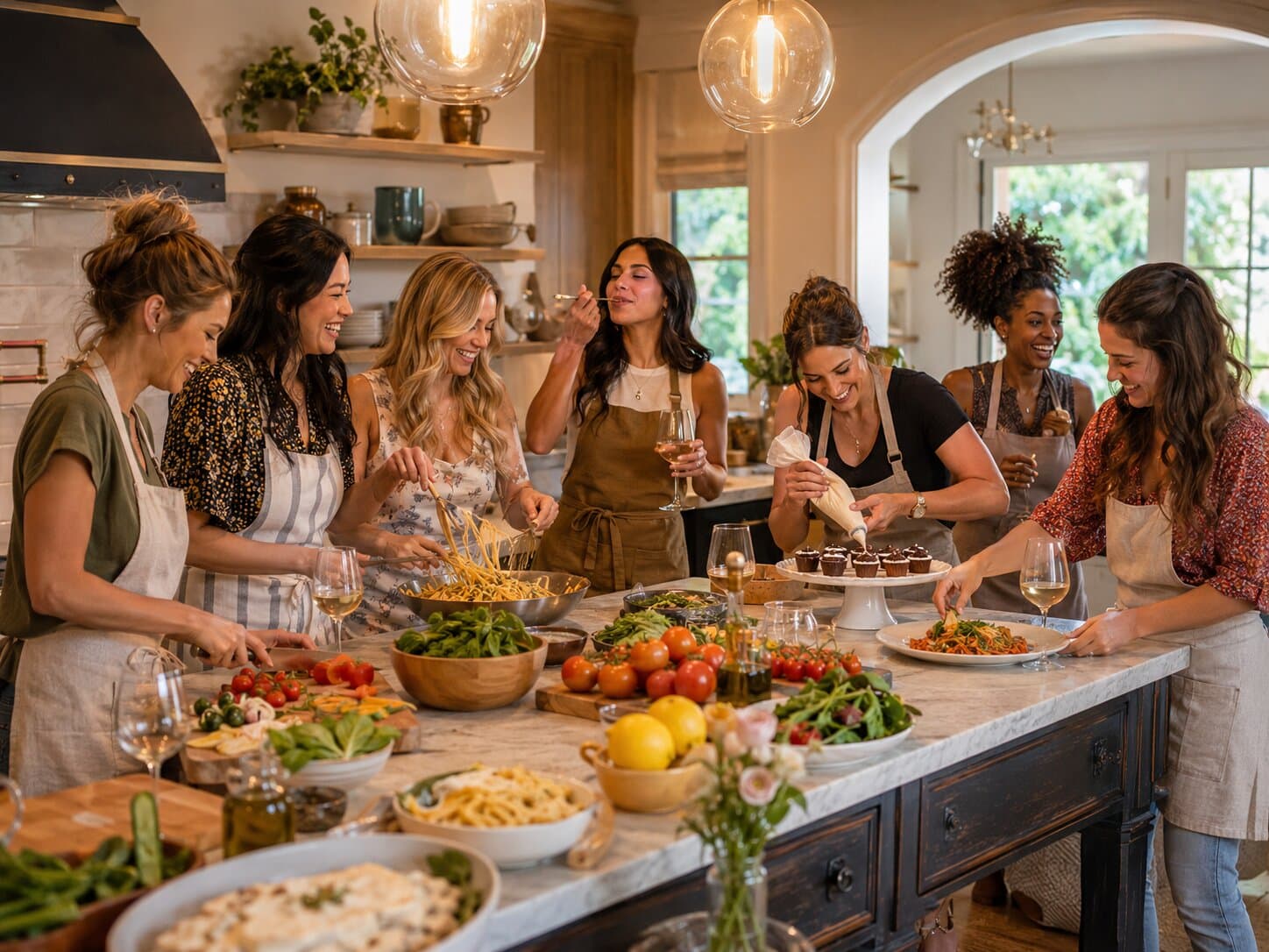 Vriendinnen die samen koken tijdens een kookworkshop