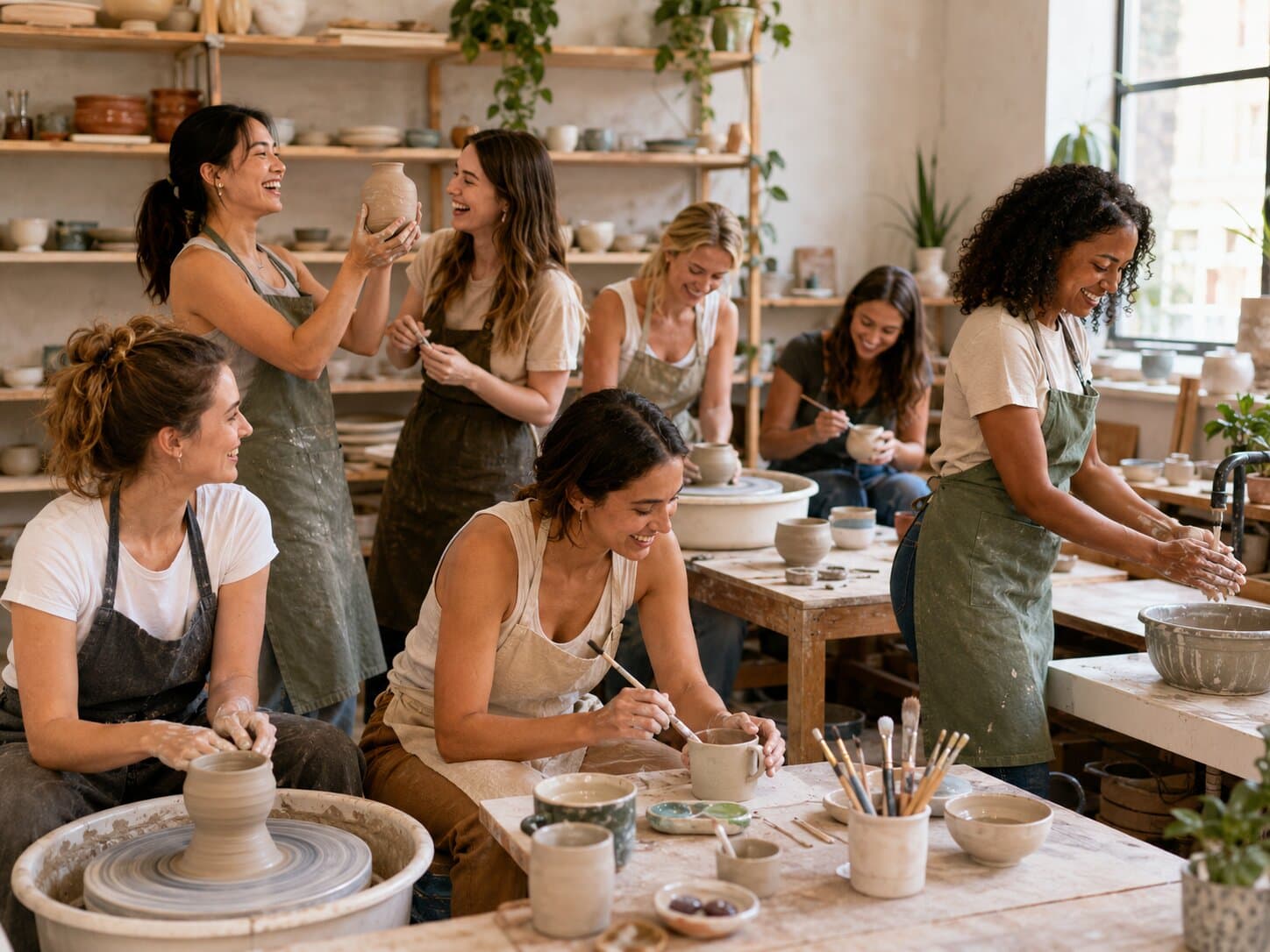 Vriendengroep aan het pottenbakken in een keramiekworkshop