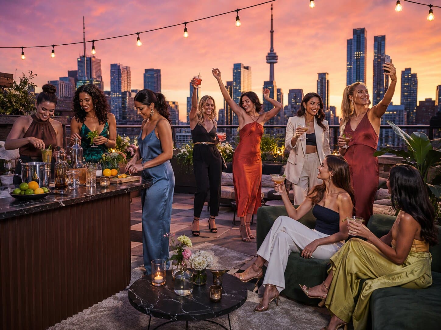 Cocktails op een dakterras bij zonsondergang met skyline op de achtergrond