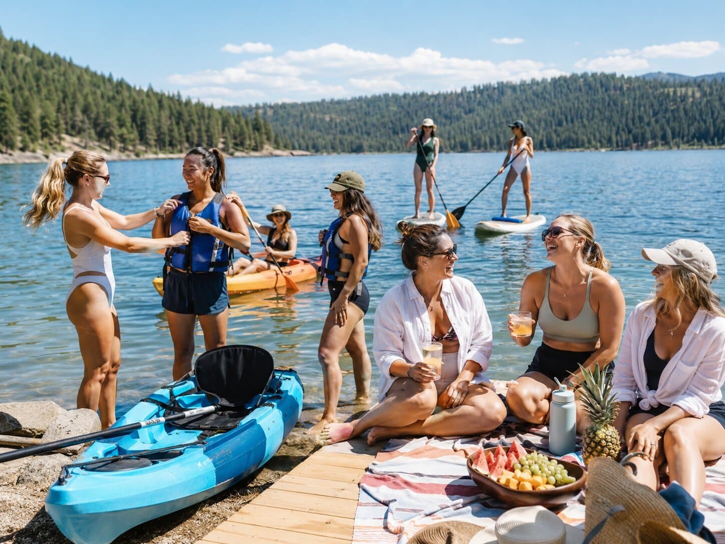 Vriendinnen bij een meer met kajaks en supboards op een zomerse dag