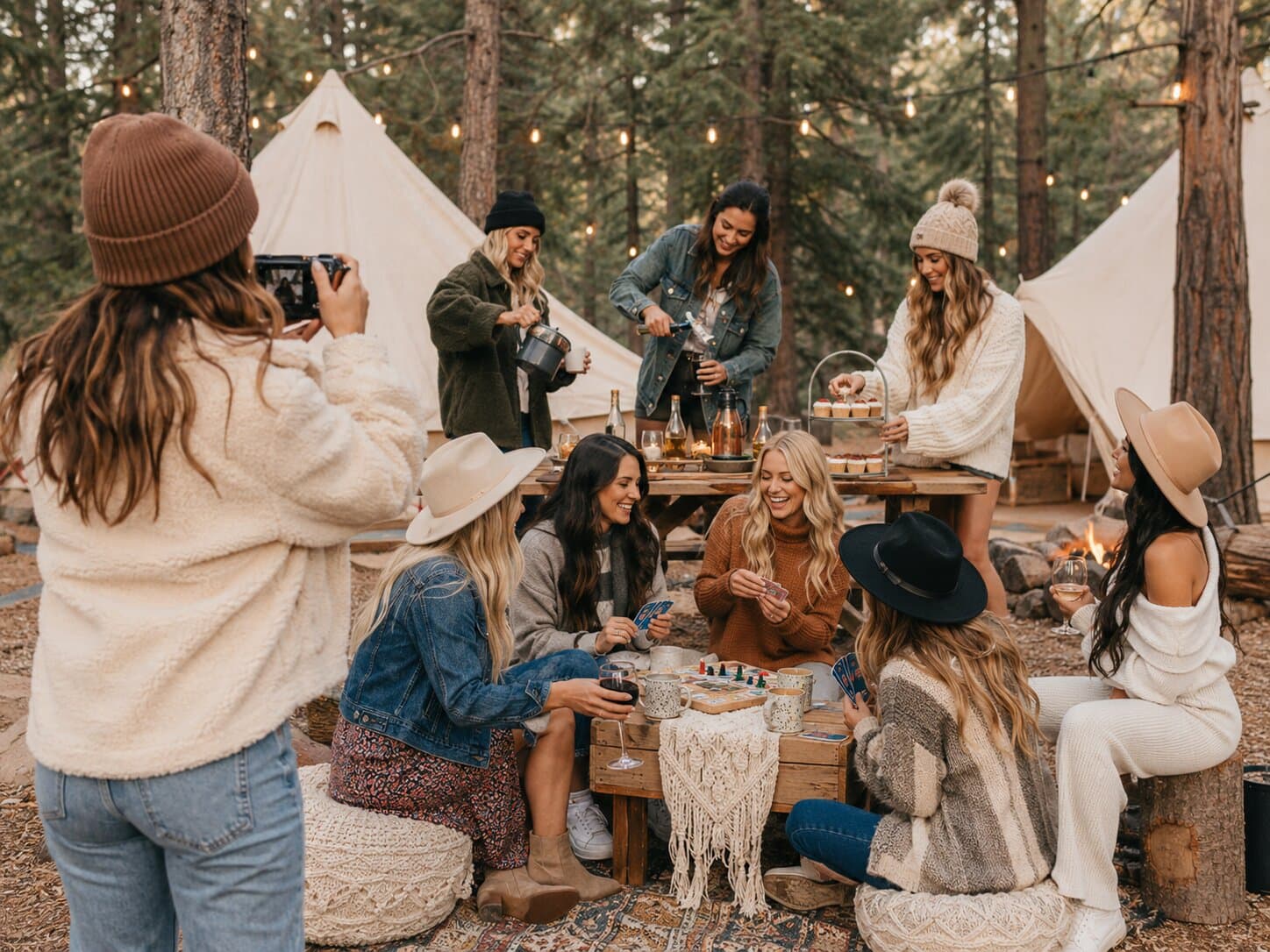 Glamping in het bos met bell tents, lichtsnoeren en een spelletje