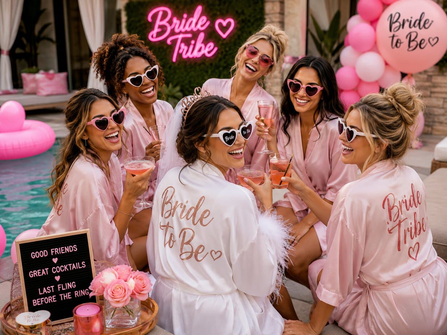 Bride tribe in roze badjassen met cocktails bij het zwembad